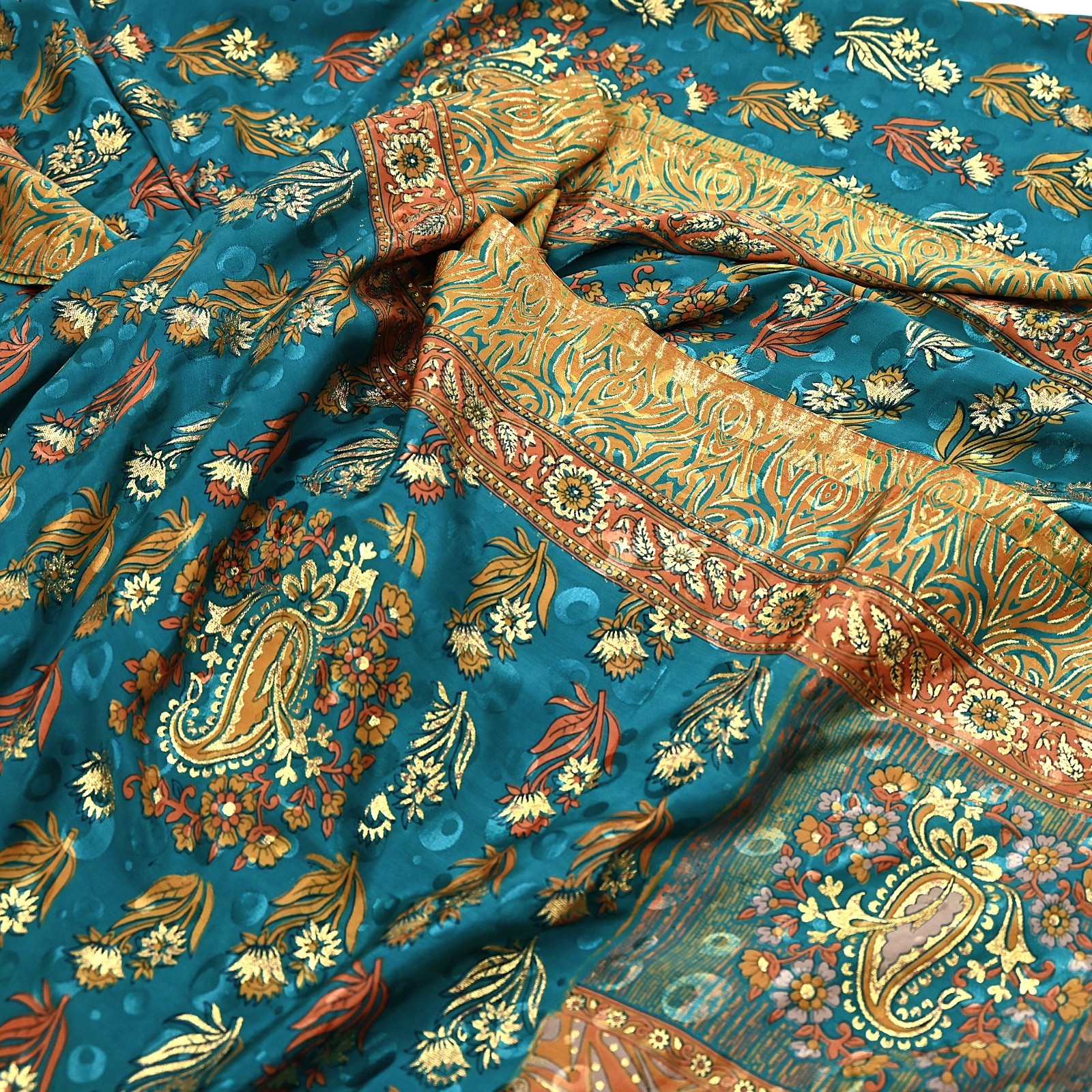 Indian Vintage Sari Moss Crepe Printed/Painted Saree Floral 5 Yards Soft Fabric