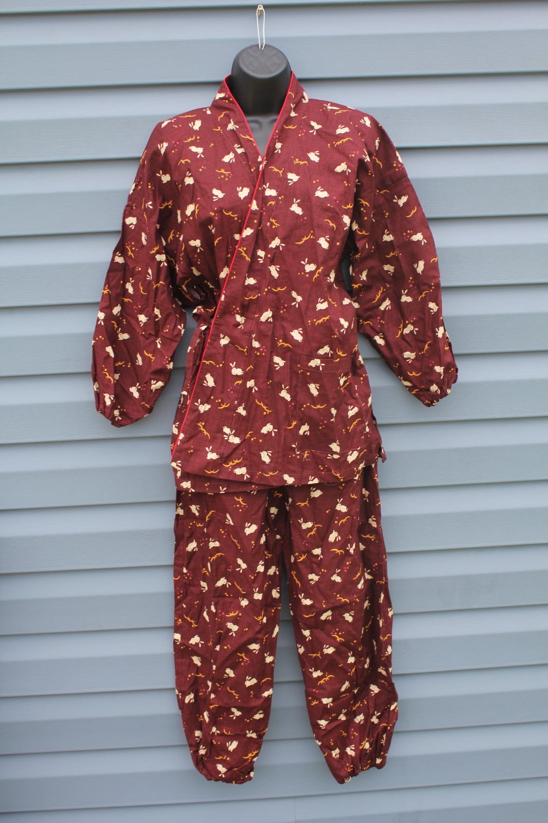 Japanese Kimono Samue Women Bunny Rabbits Pattern Komon OSFM NEW Brown Working