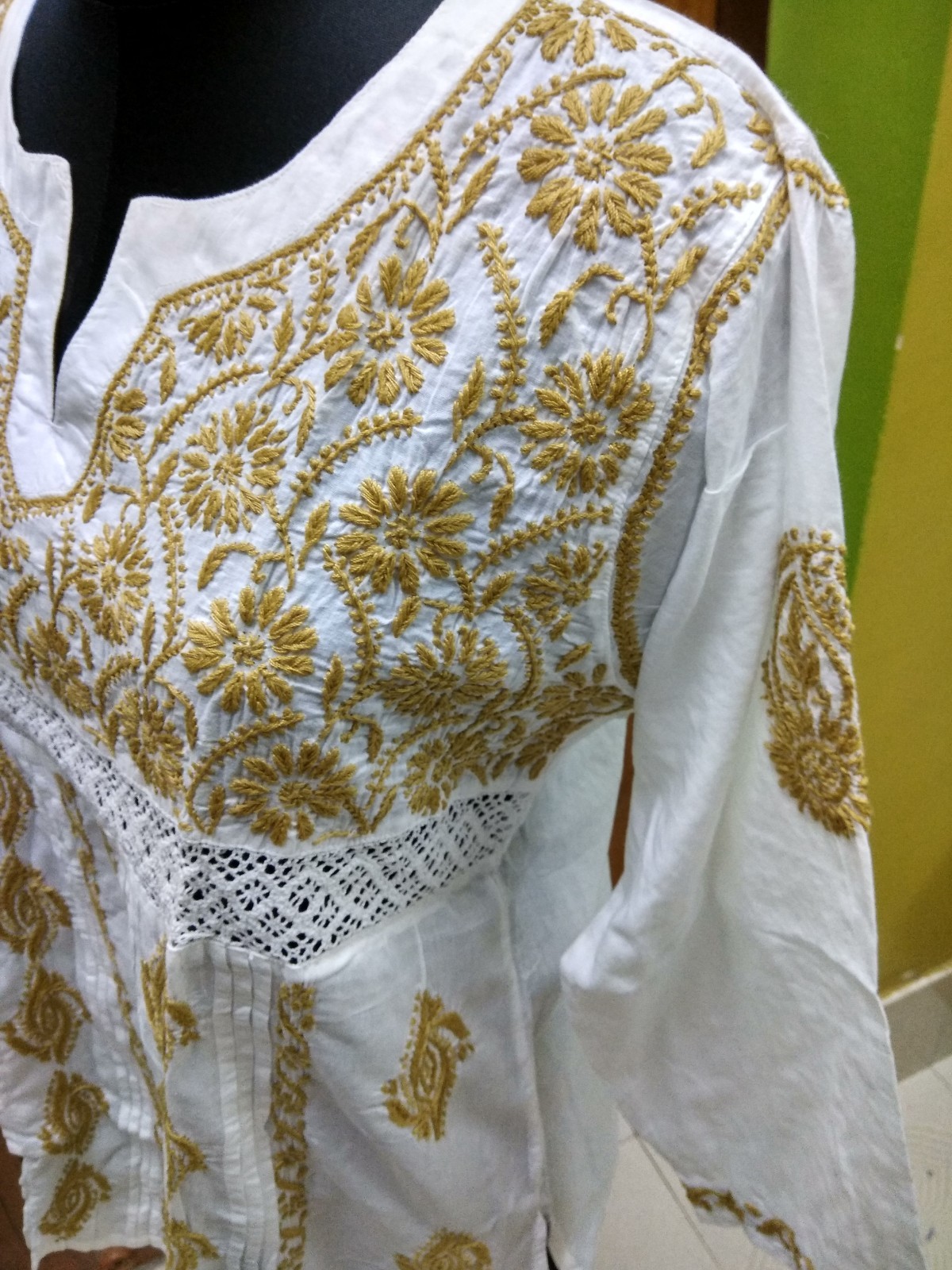 HANDMADE KURTI BLOUSE L 42″ TUNIC TOP KURTA ETHNIC 100% COTTON CHIKAN EMBROIDERY