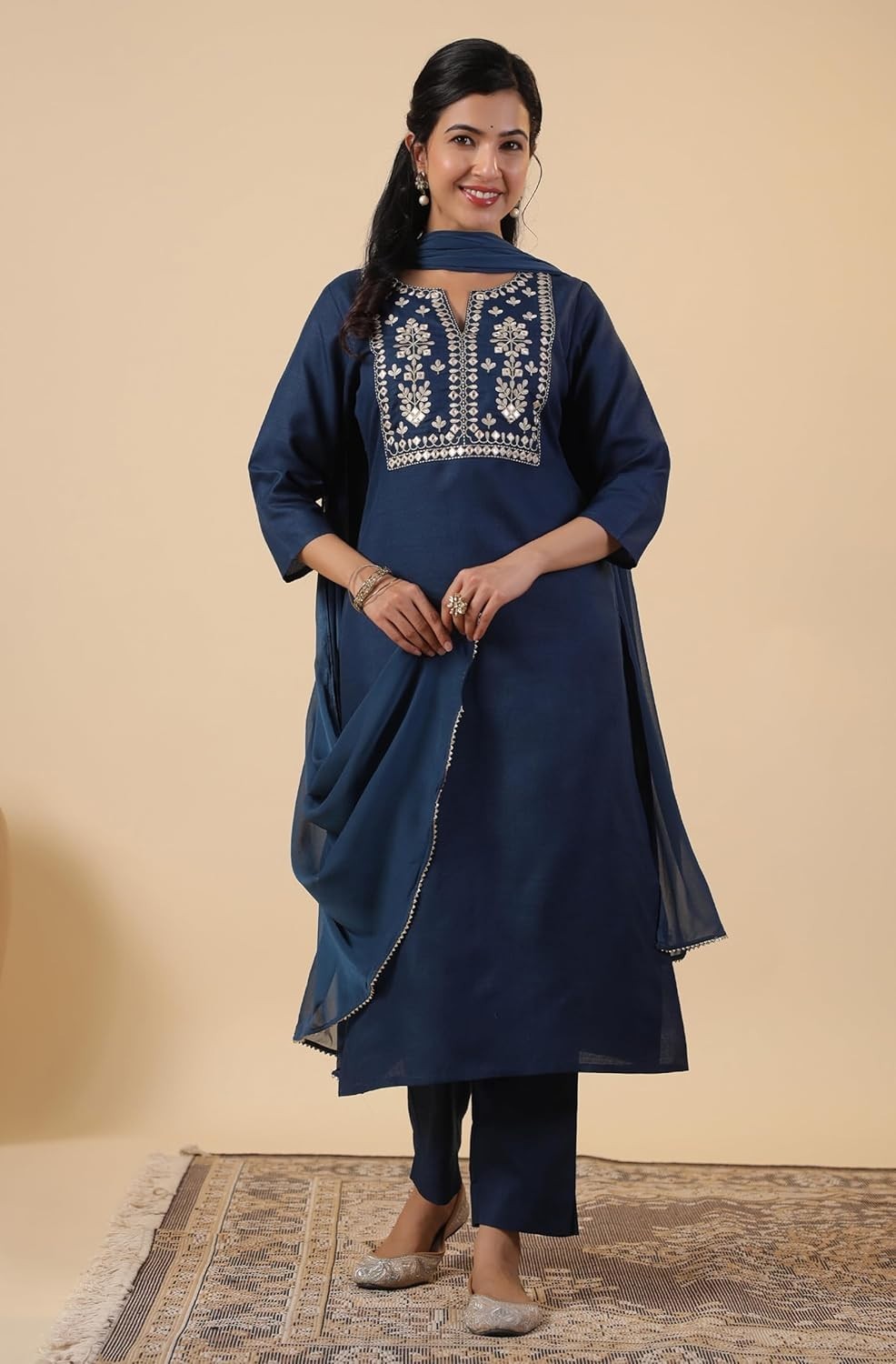 Women’s Cotton Blend Yoke Embroidered Straight Kurta Set