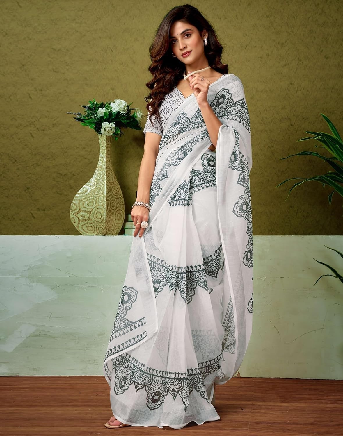 Women’s Cotton Linen Printed Readymade 1 Minute Ready to Wear Saree With Blouse