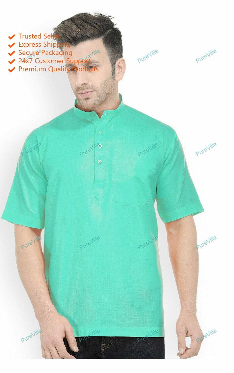Mens Kurta Indian Button Down Shirt Kurta Solid Tunic Cotton Big Tall half Sleev