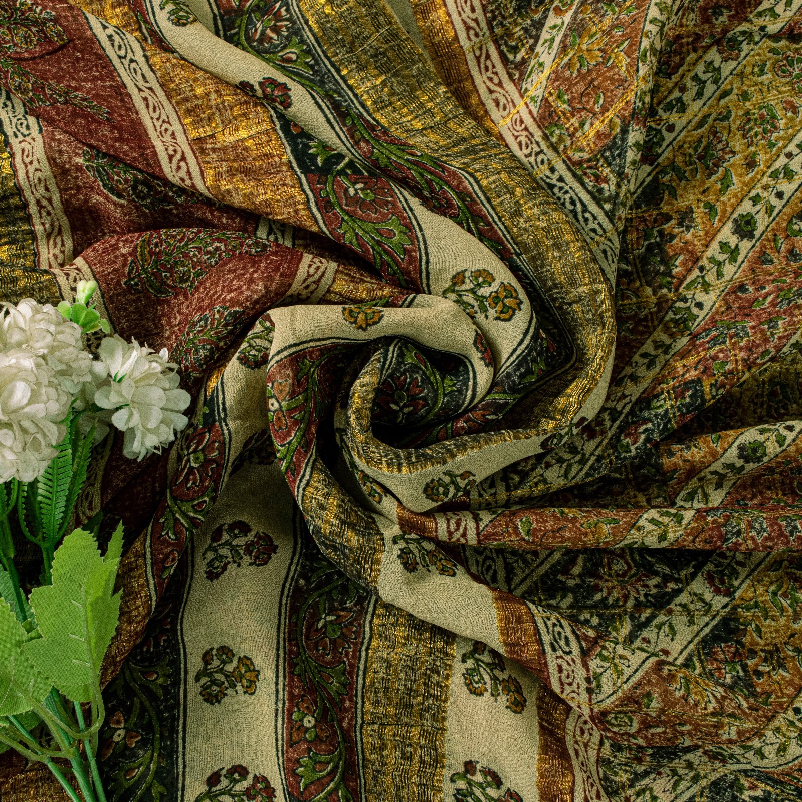 Sanskriti Vintage Yellow-Green Pure Georgette Silk Saree Floral Block Print 6 Yd
