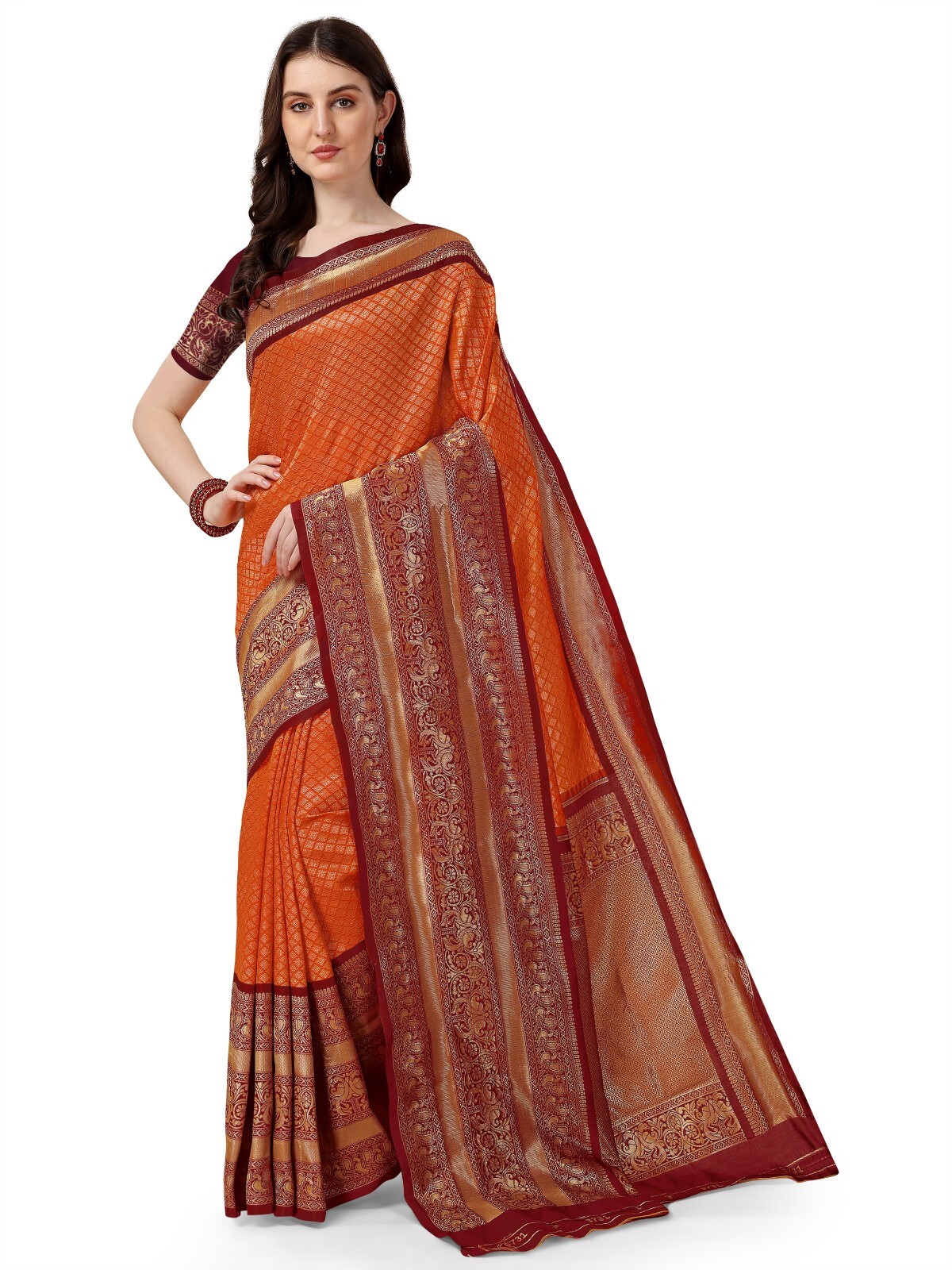 Areca Designer Kajukatri Silk Orange saree blouses women Saree cut-5.5 meter