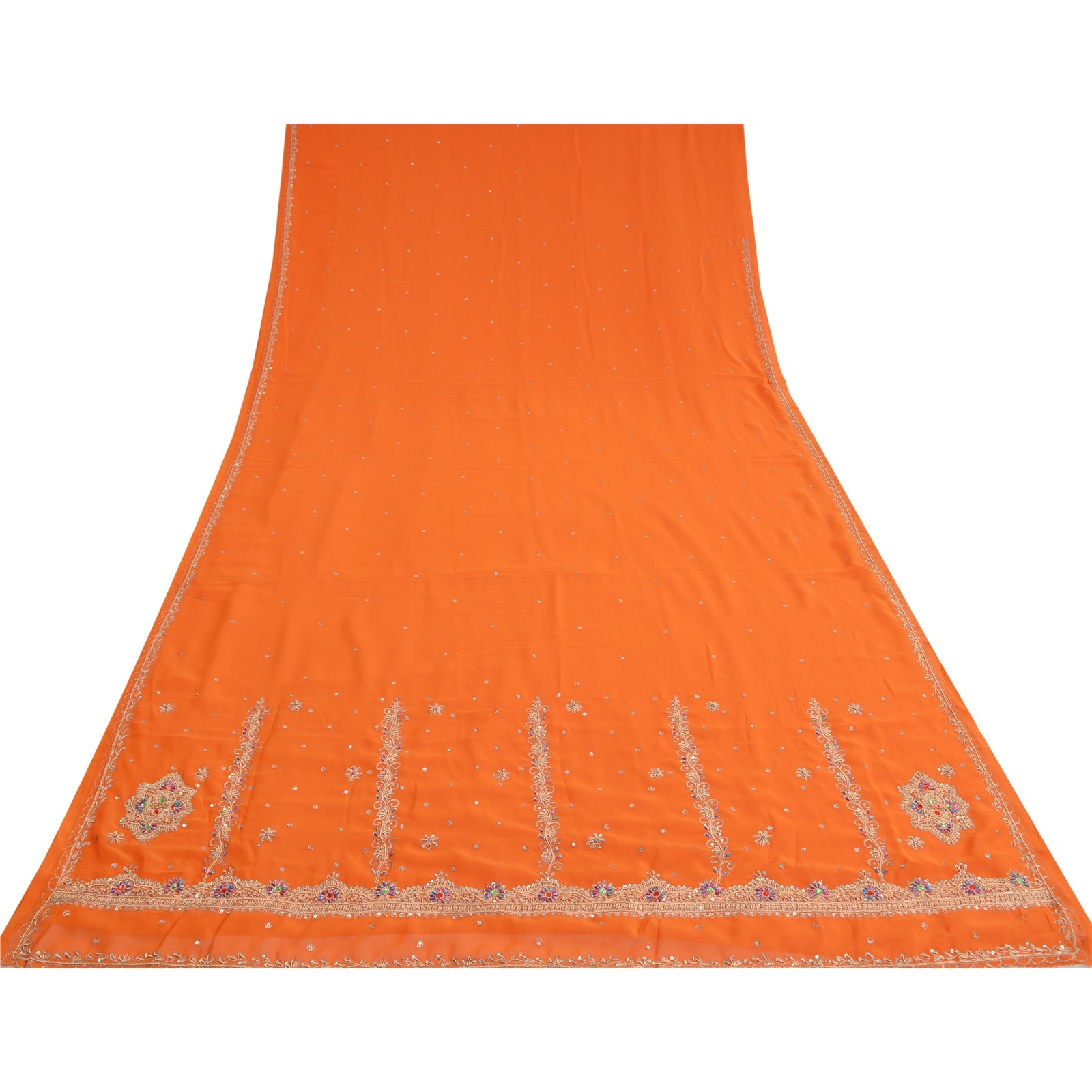 Sanskriti Vintage Orange Saree Pure Georgette Silk Hand Beaded Fabric Sari