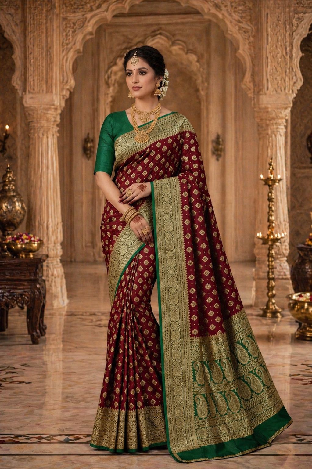 Maroon Banarasi Silk Saree, Gold Zari Woven Border, Indian Wedding Bridal Wear