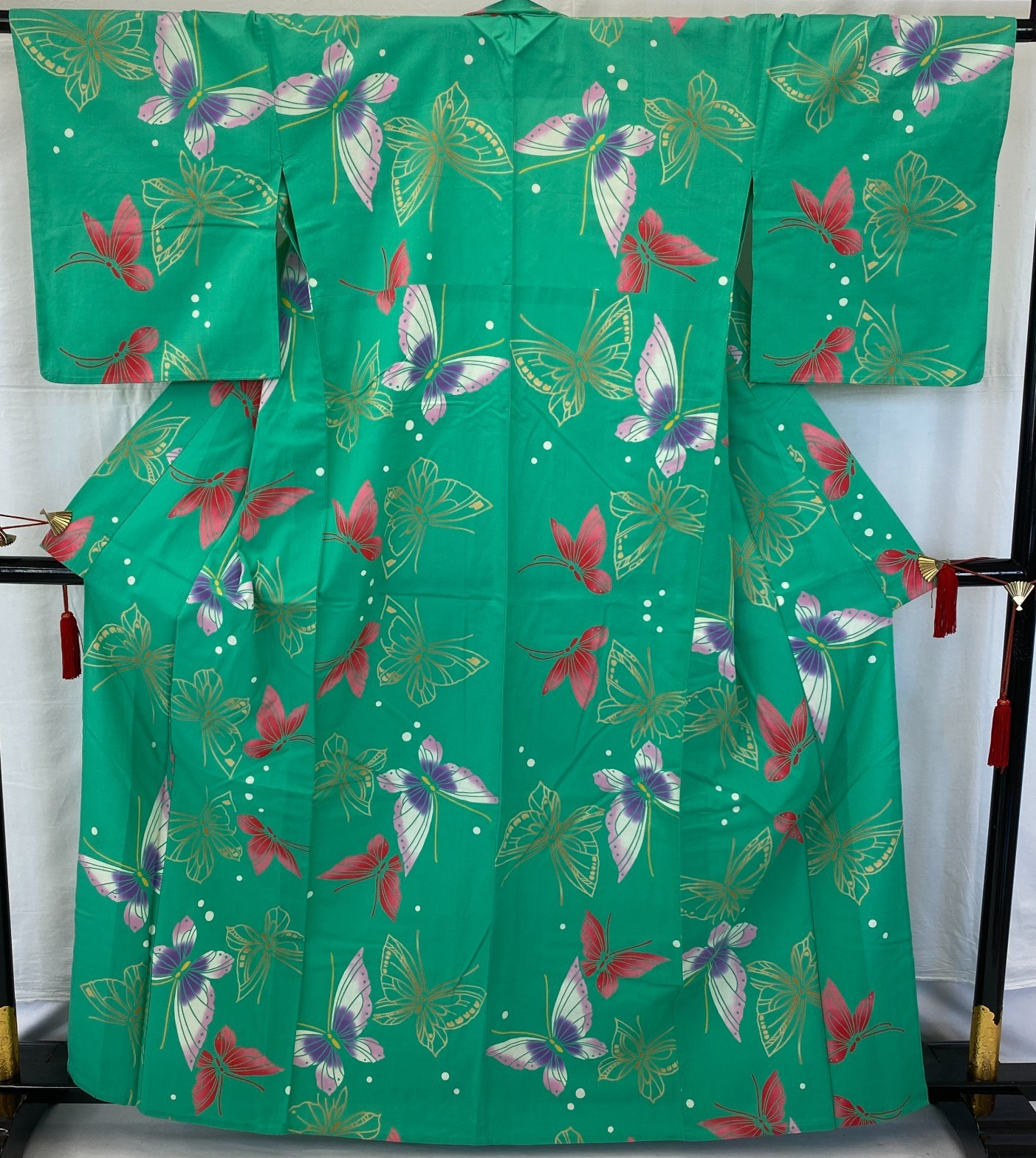 Japanese Vintage Kimono Yukata Cotton Green No Lining Traditional Length 62 in