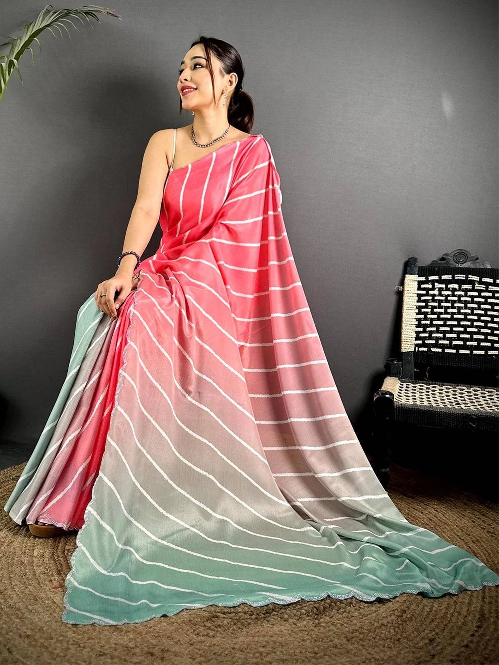 Women Saree Coral Pink Chinnon Cut Work Floral Party Wear With Blouse Piece