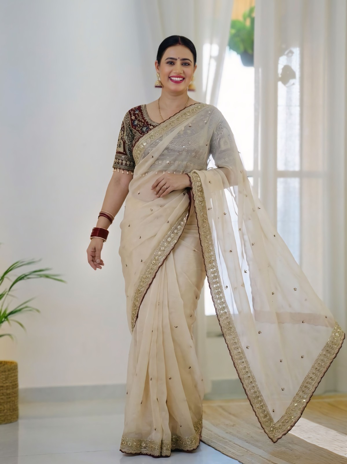 Off White Organza Saree Heavy Embroidered Designer Maroon Blouse Wedding Wear
