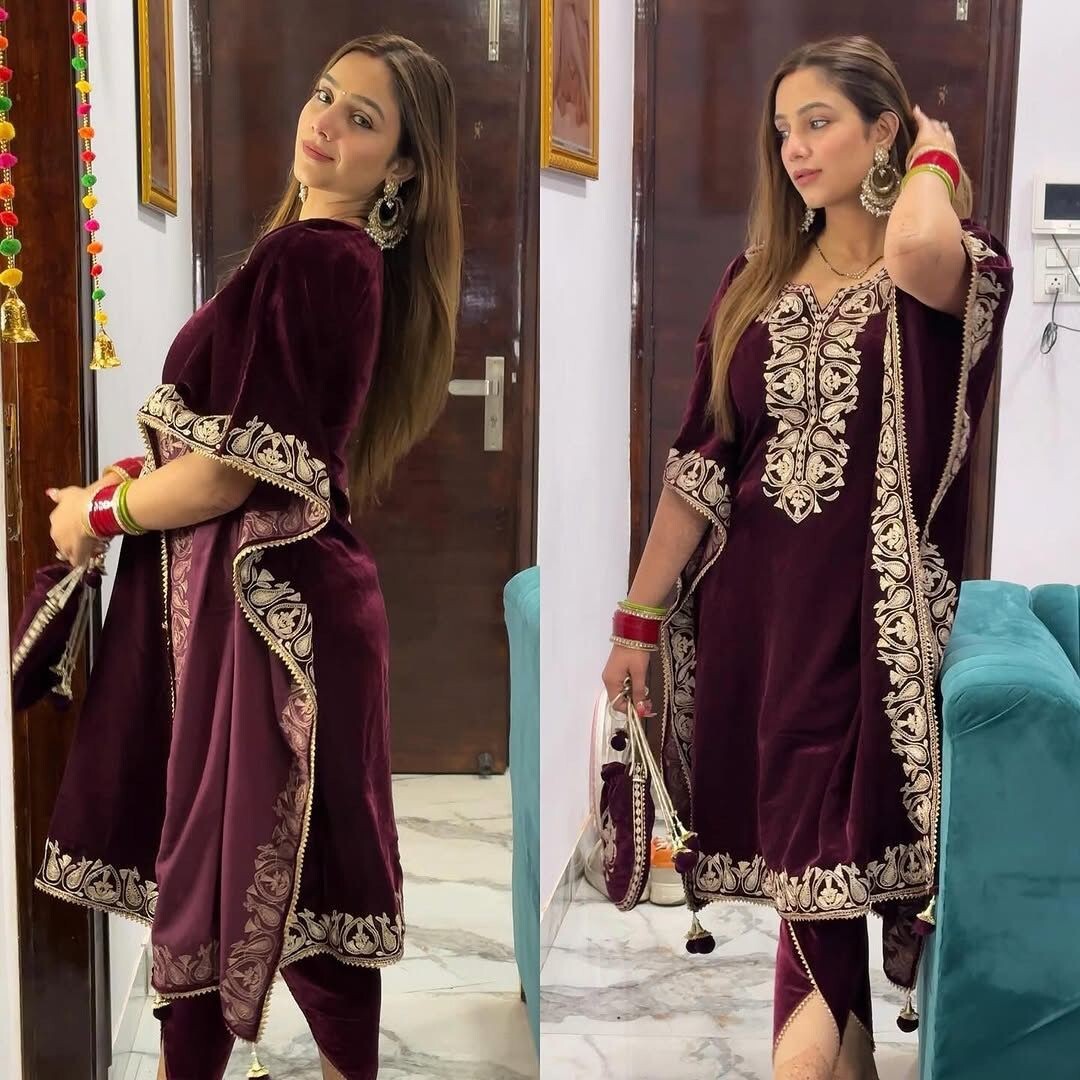 Indian Velvet Kaftan Kurta With Punjabi Dhoti Sets Salwar Kameez For Winter Sale