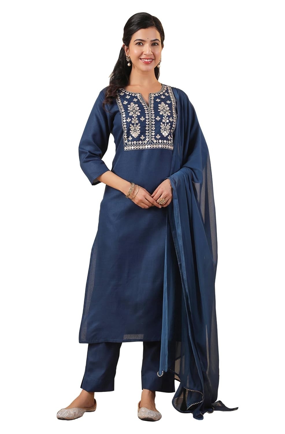 Women’s Cotton Blend Yoke Embroidered Straight Kurta Set