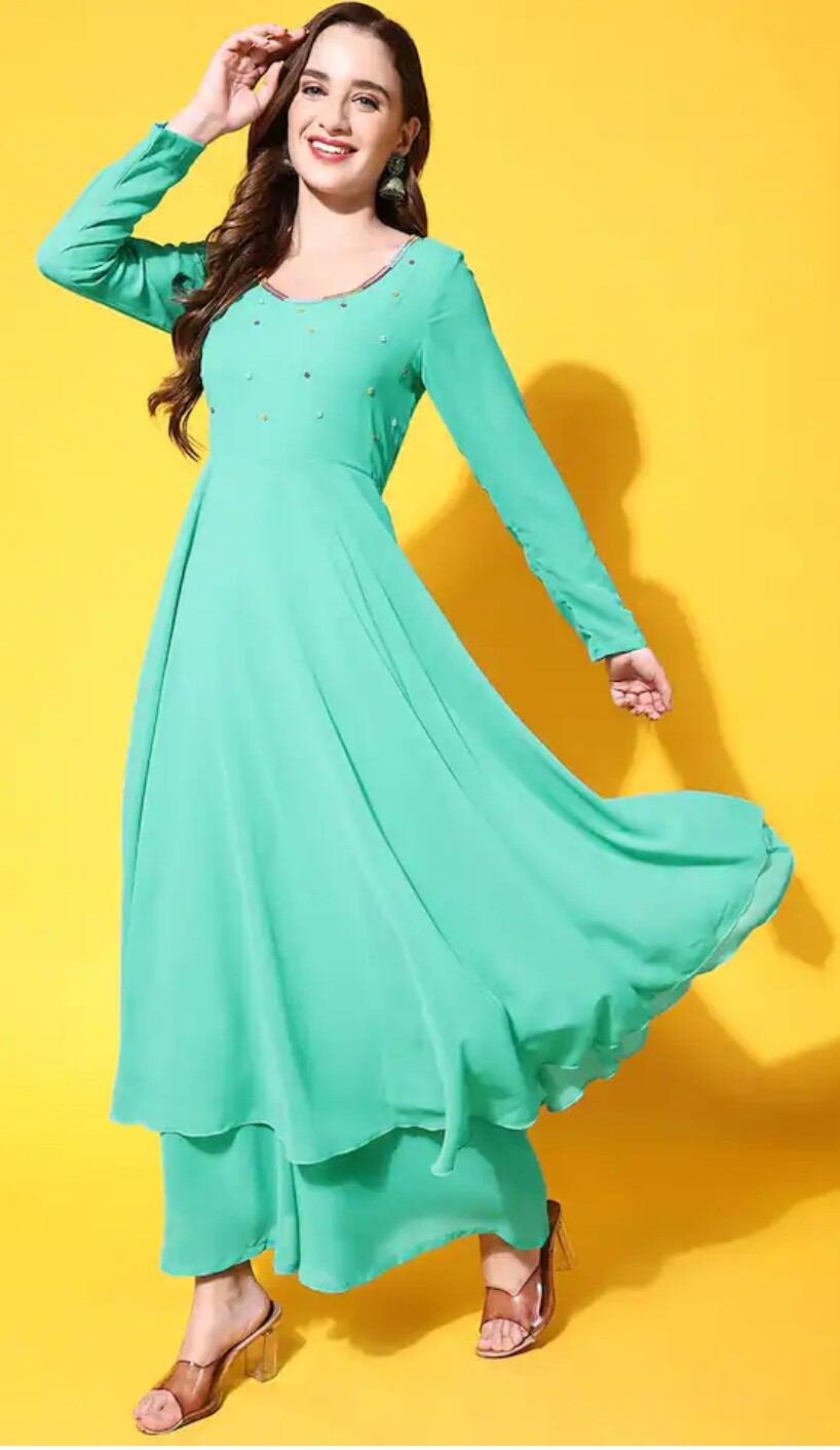 Anarkali Kurta set ; Beads and stone work pleated Anarkali Kurta with Palazzo