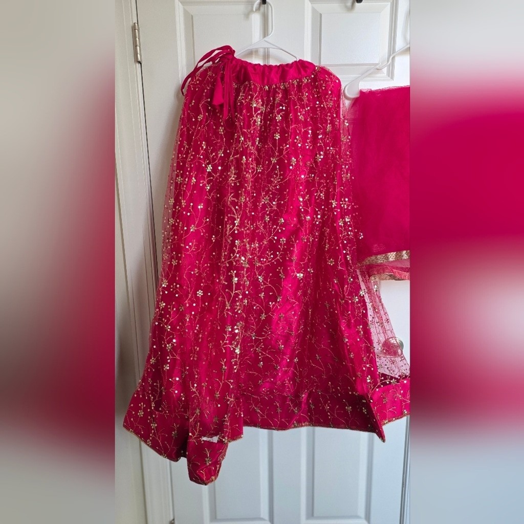 Dark Pink Net Sequins Embroidered Panelled Style Lehenga Choli