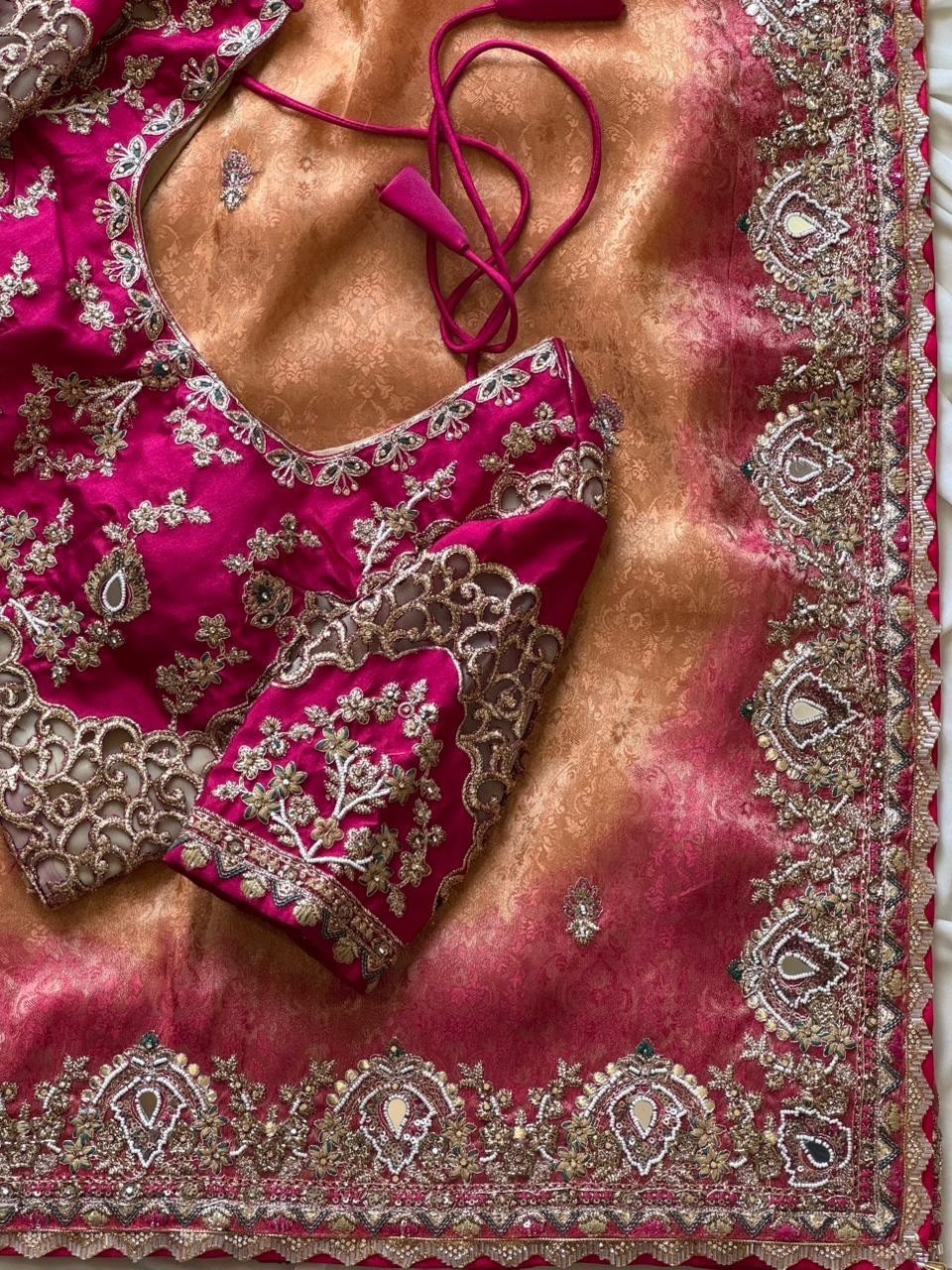 two shades soft dola silk saree sequence embroidery work with blouse .