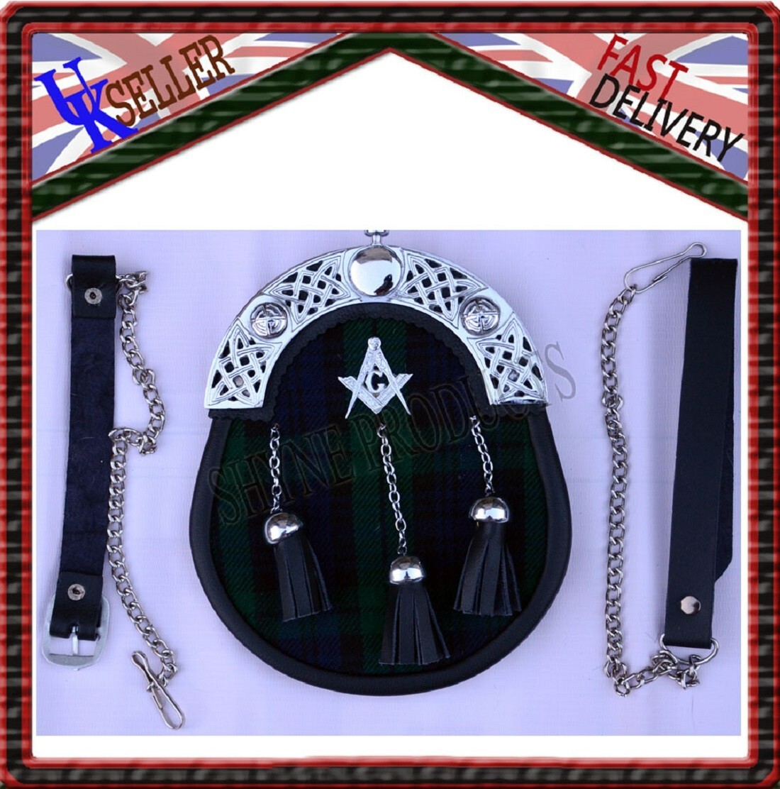 Full Dress Kilt Sporran Black Watch Masonic Crest with 3 Tassels & Chain