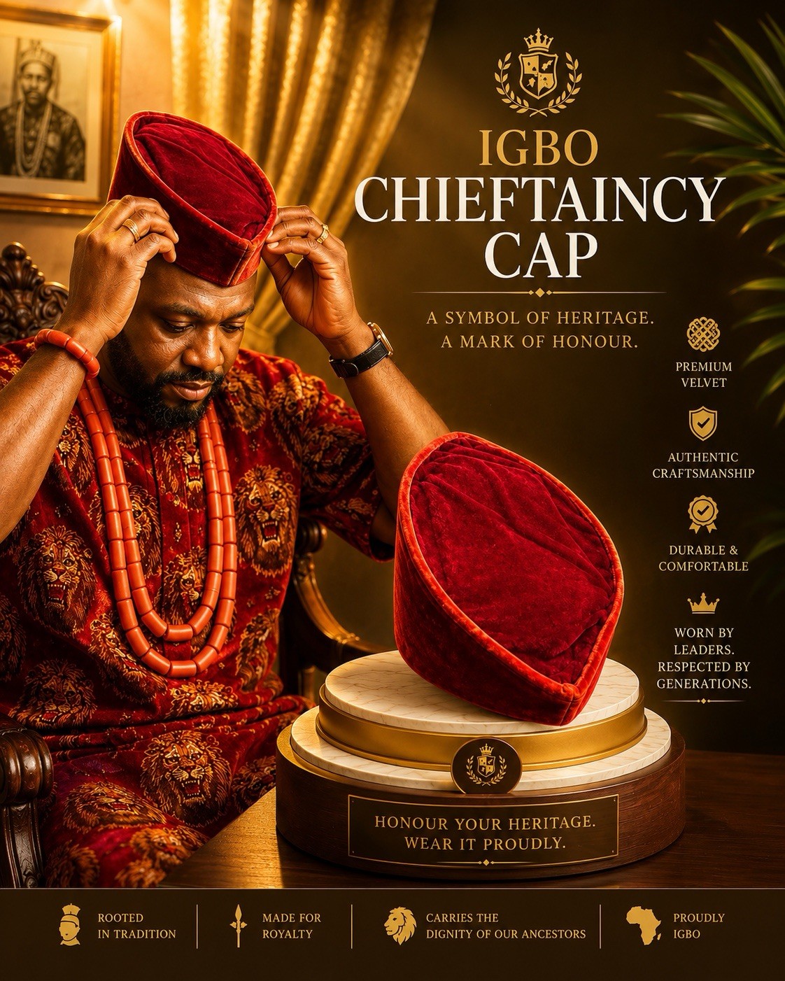 Red Velvet Igbo/Nigeria/Africa Men Traditional Chieftaincy Cap Kufi Hat One Size