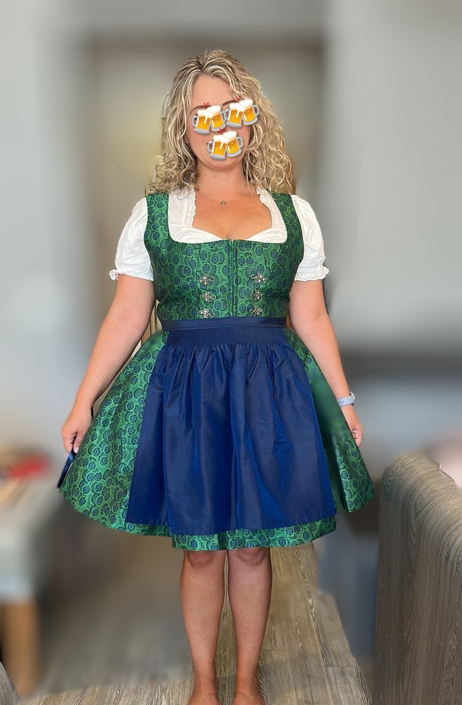 Landhaus Women’s Dirndl Dress w/ Apron & White Blouse, Blue/Green, 14US