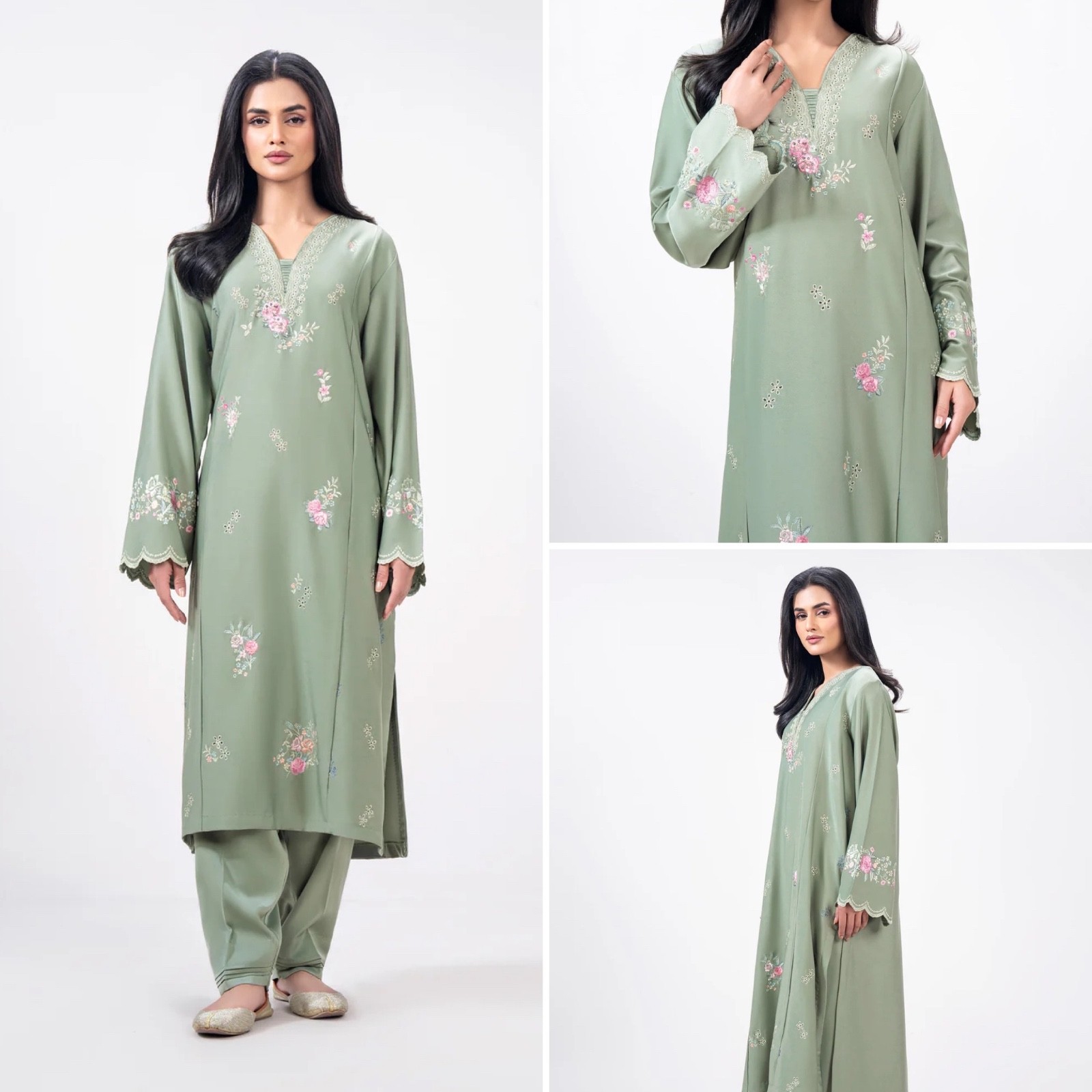 Pakistani Sage Green 2 Pcs shamooz Silk Dress with light thread embroidery ,L