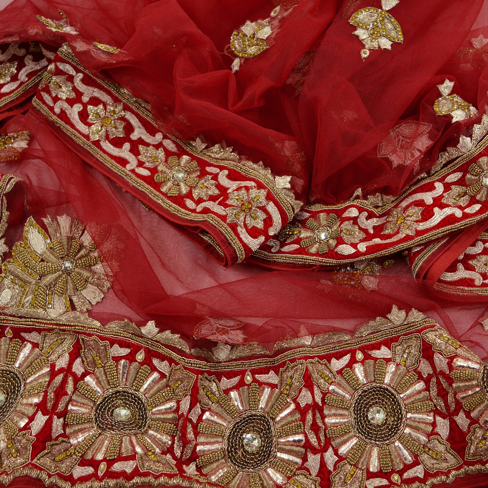 Vintage Heavy Red Dupatta Net Mesh Long Stole Hand Embroidered Scarves Zardozi