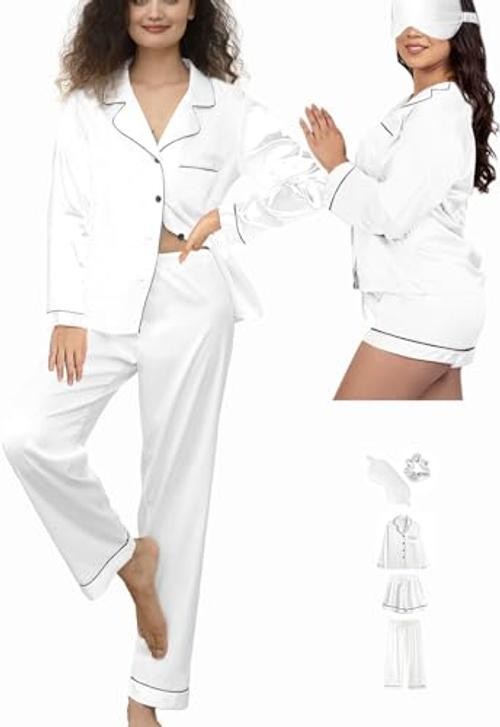 5Pcs XS-XXL Womens Silk Satin Pajamas Sets Long Pj Sets Medium Dusty Blue-c