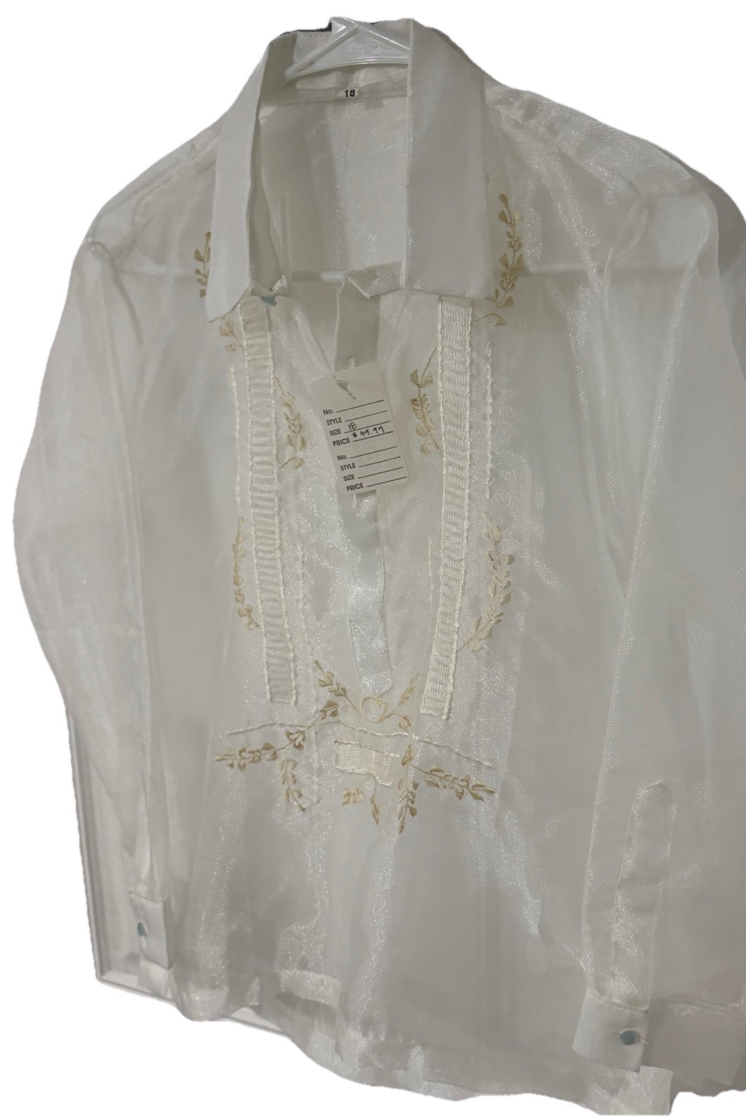 NEW Barong Tagalog Filipino Shirt Youth Size 18 Teens Unisex Cream Long Sleeve