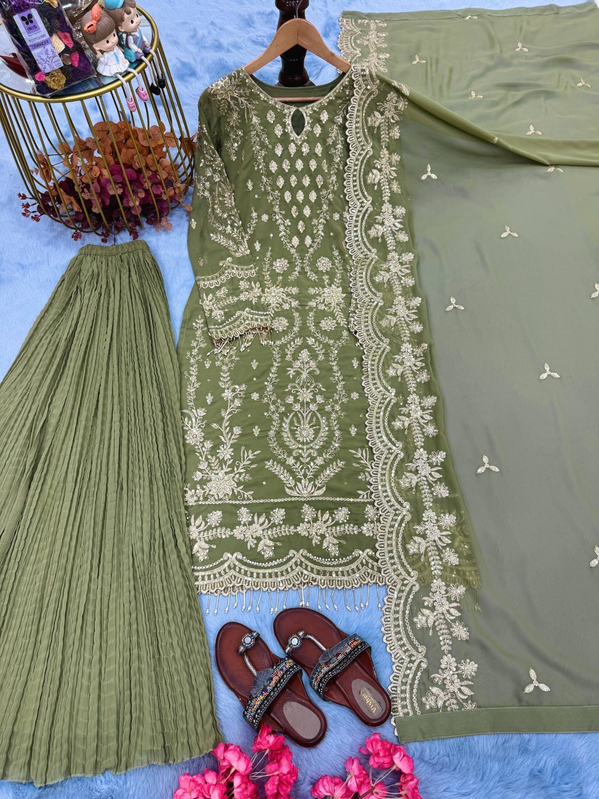 Exclusive Look Pista Green Faux Georgette Kurta Palazzo With Dupatta For Women