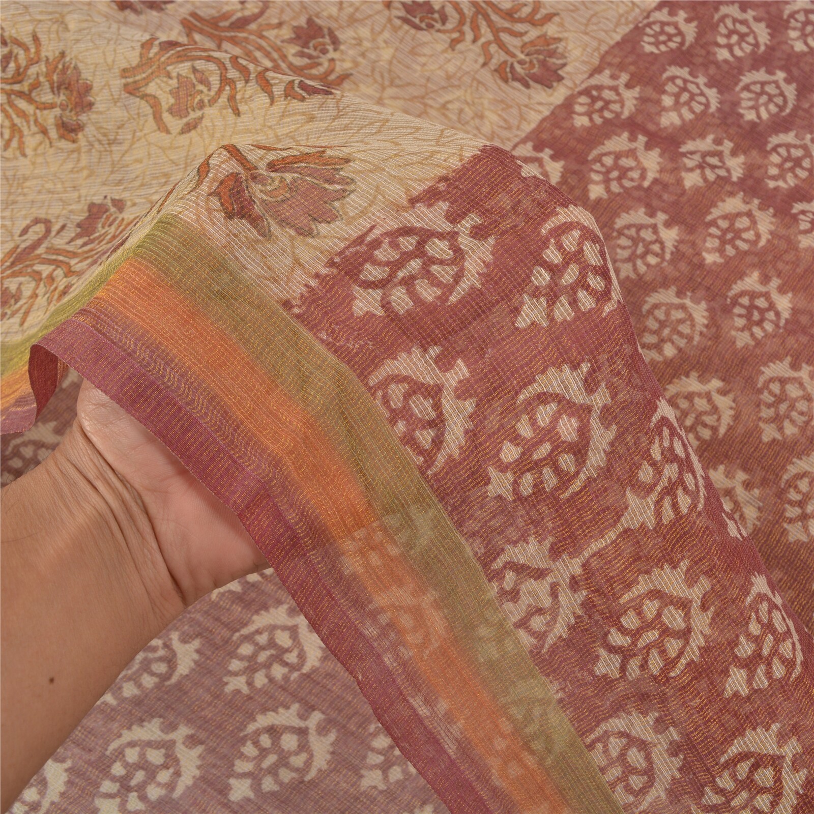 Sanskriti Vintage Brown Indian Sarees 100% Pure Silk Printed 5 Yard Sari Fabric