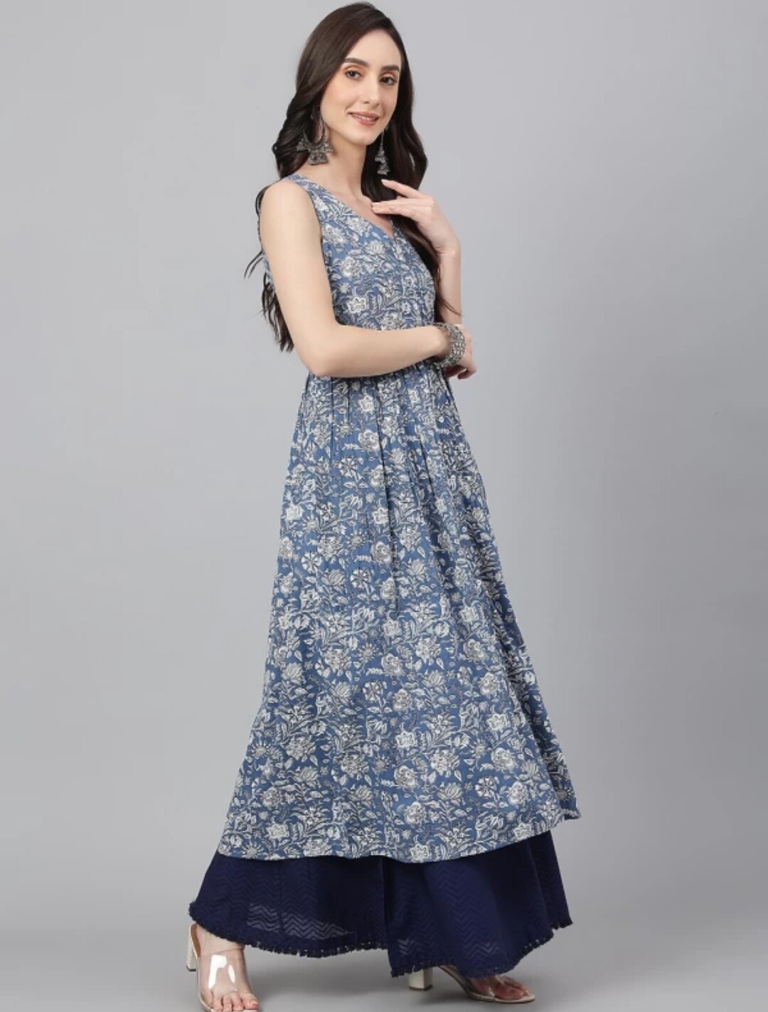 Indian dress; Women Blue Floral Printed Pure Cotton A-line Flared Kurta