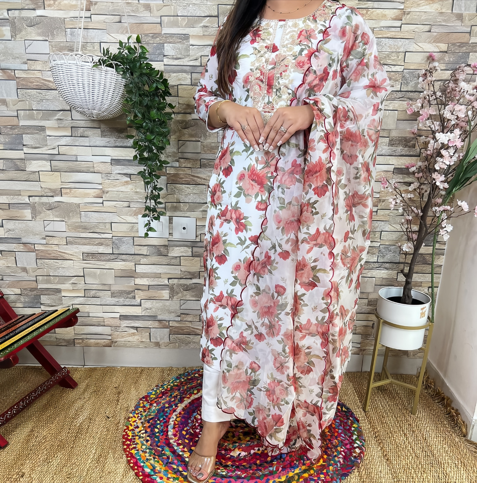 Floral Print Anarkali Kurta Set with Dupatta White and Coral Pink Long Sleeves