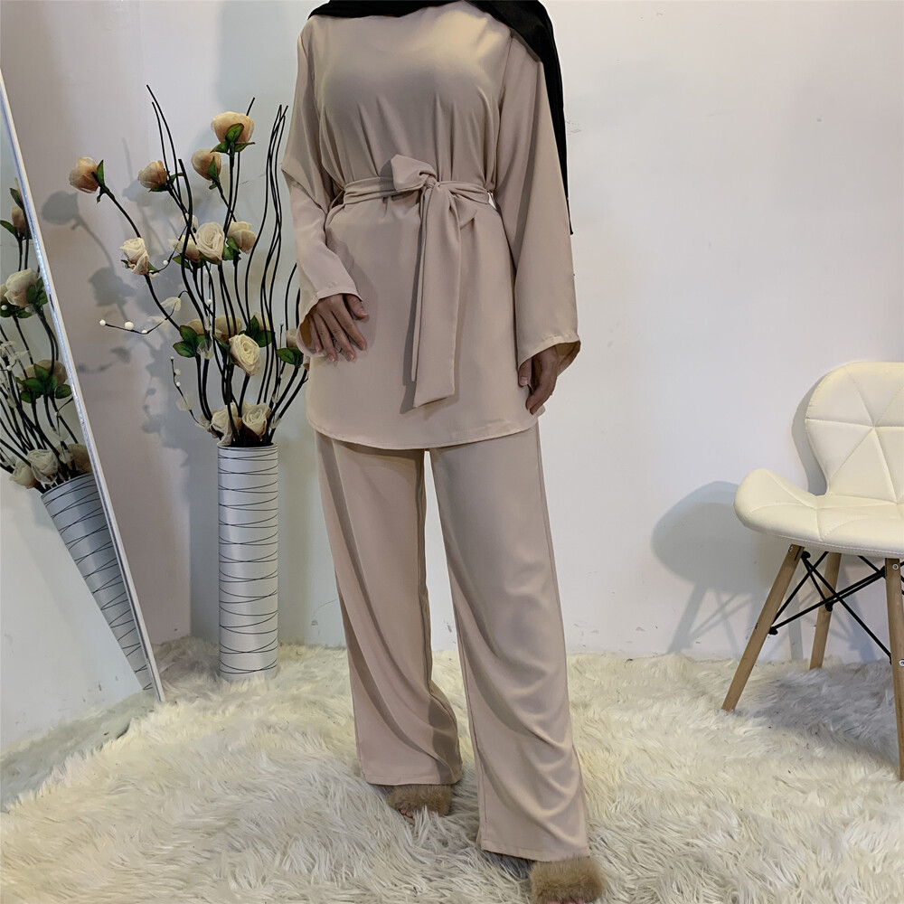 2 Piece Set Muslim Women Casual Long Sleeve Tops Blouse Wide Leg Pants Abaya