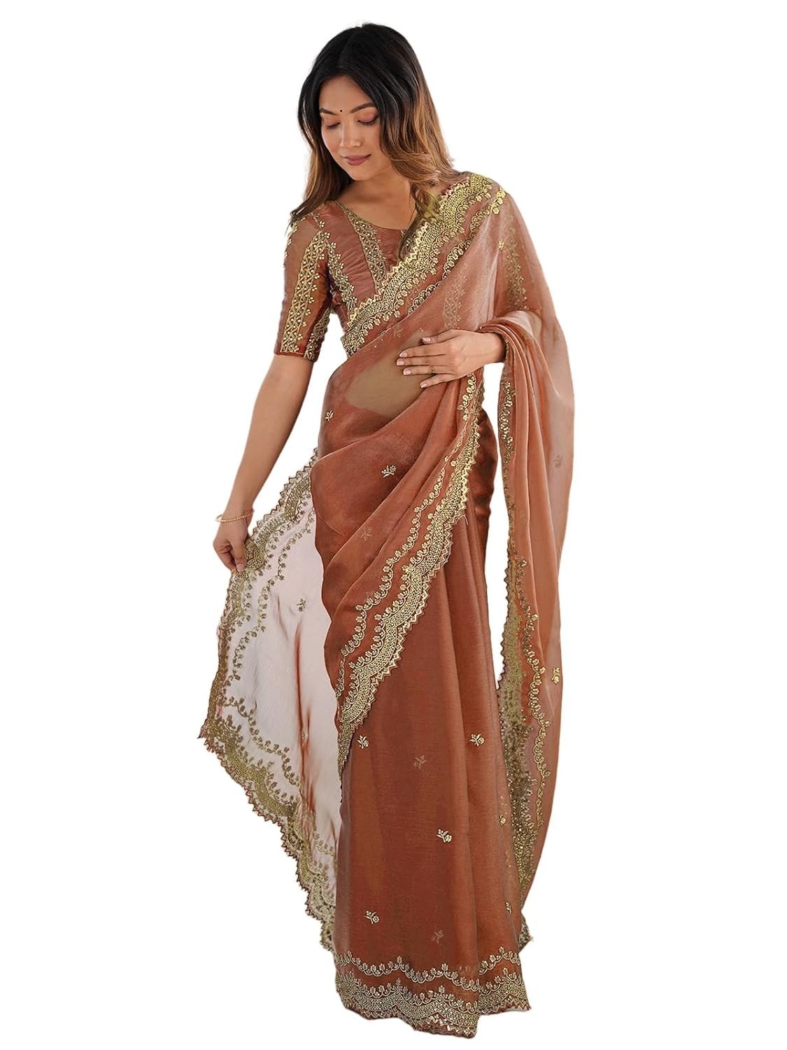 Women’s Shimmer Chiffon Sequins Embroidery Saree with Unstitched Blouse Piece