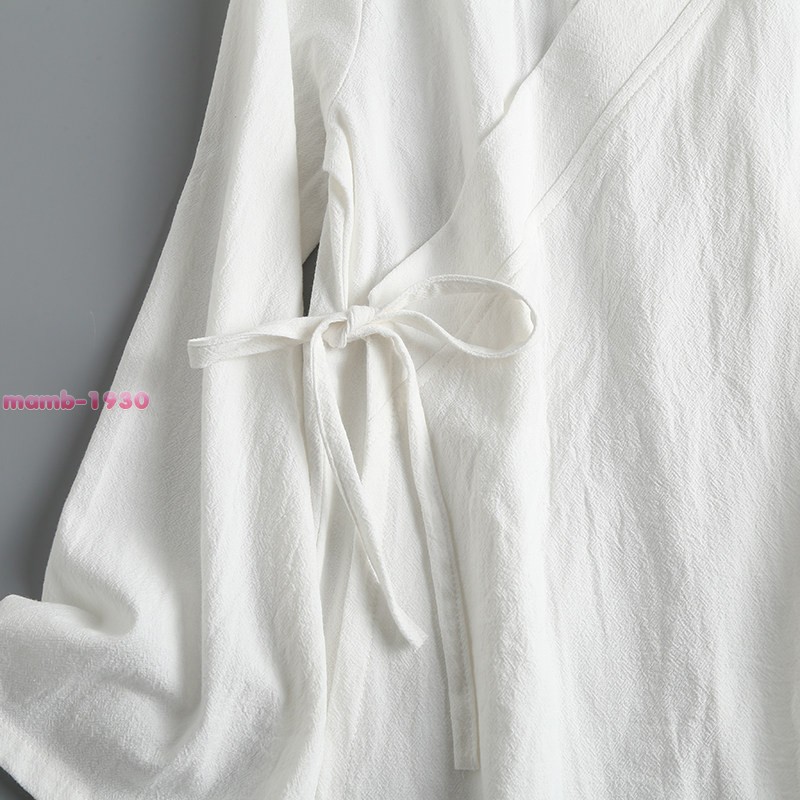 Chinese Style Womens Cotton Flared Long Sleeve Hanfu Cross Collar Tie Daily Wear
