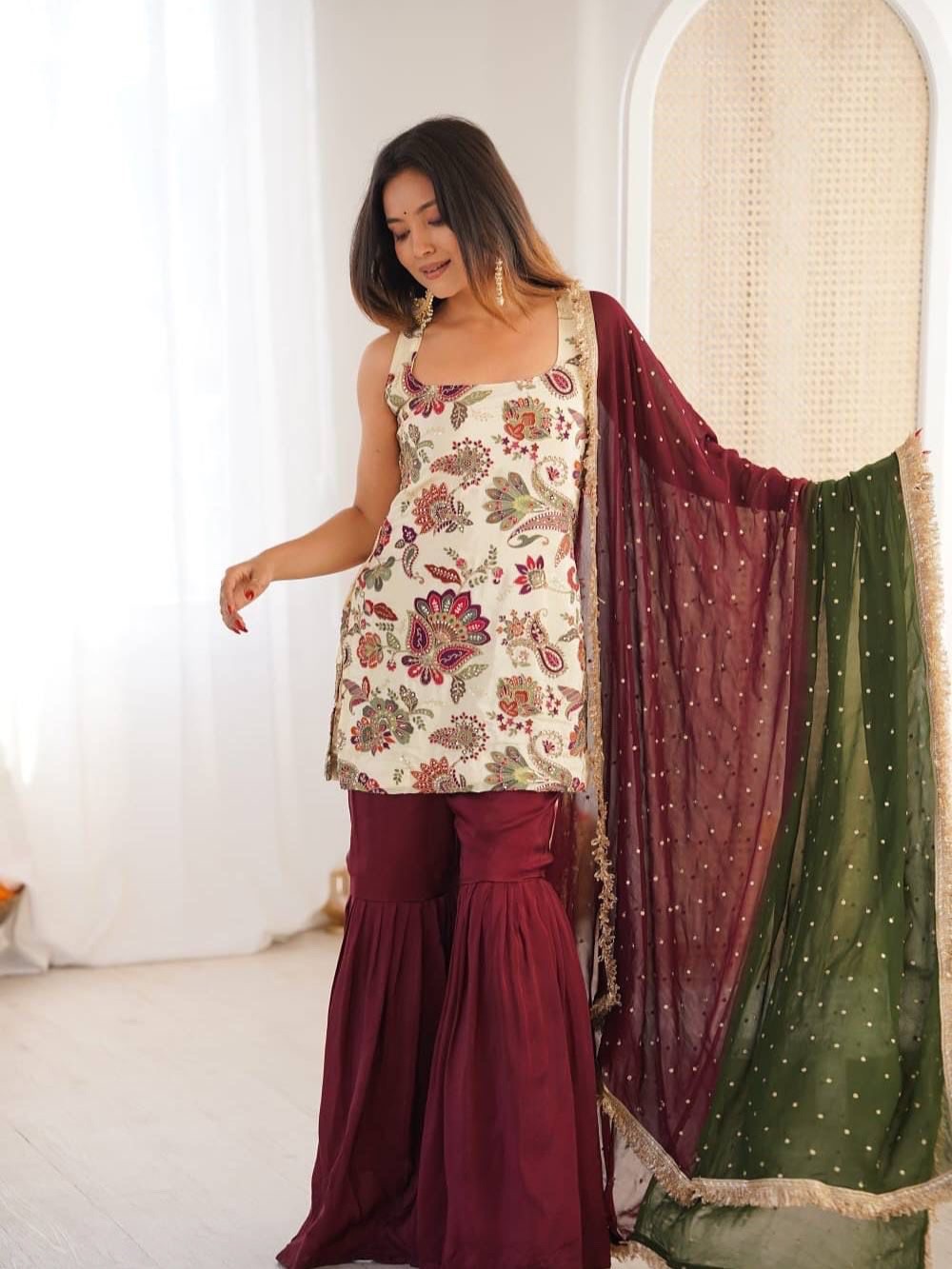 Designer sequin embroidered sleeveless sharara suit with dupatta set party wear