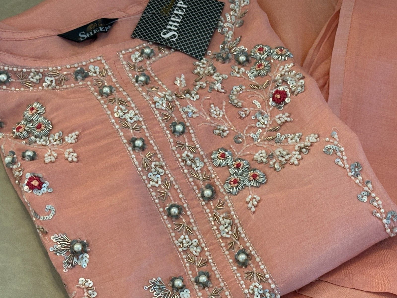 Sheep Peach Raw Silk Embroidered Shalwar Kameez – Size 14