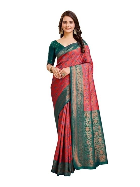 Women’s Banarasi Cotton Silk Kanjivaram Style Saree’s With Blouse Piece