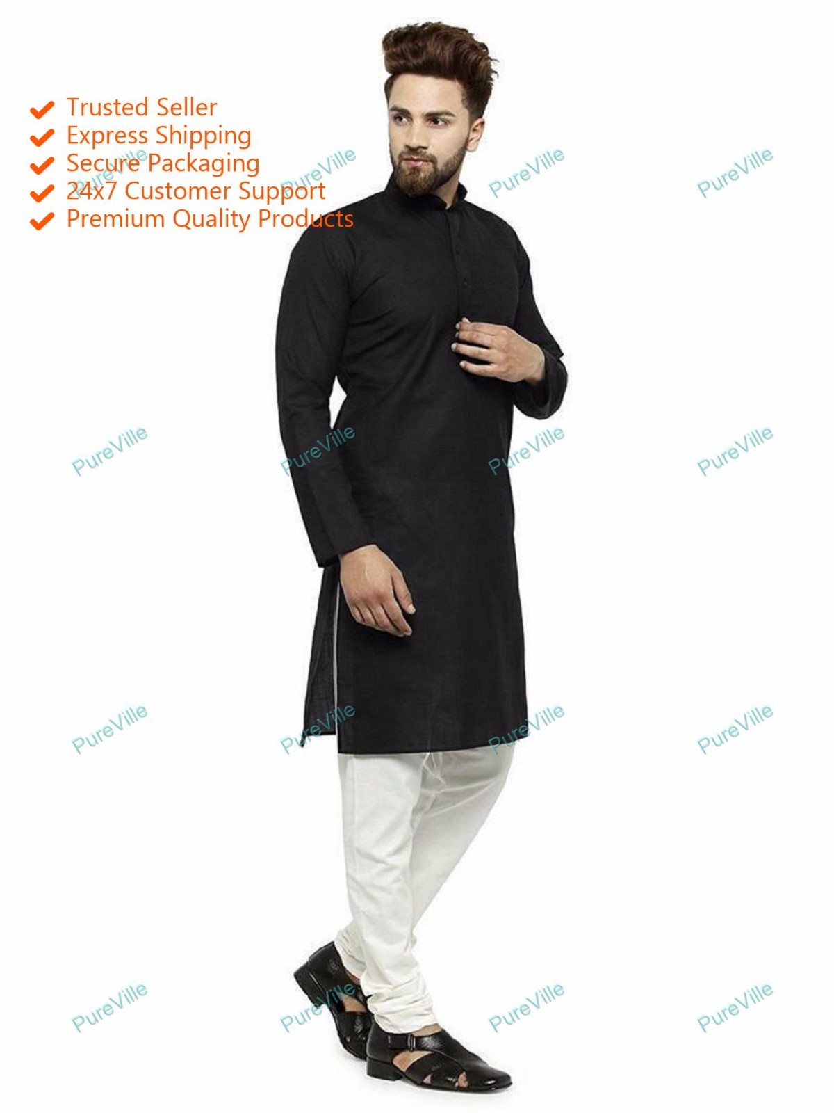 Indian Cotton Shirt Kurta Mens Tunic Top Solid High Neck Kurta With Pyjama