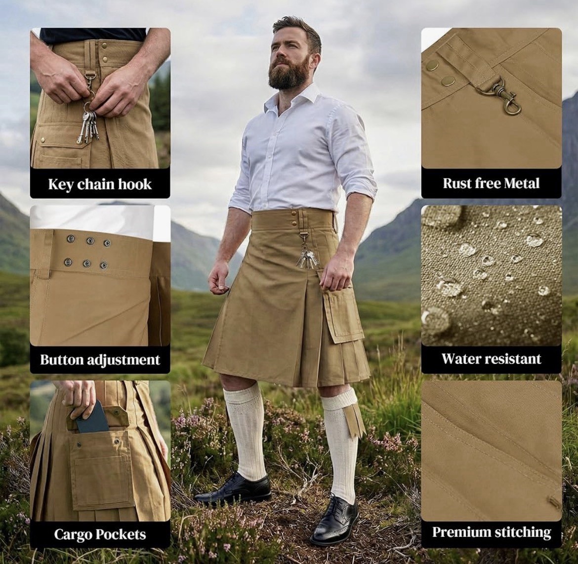 NWT Highland Redstone Men’s Utility Kilt Khaki Cotton, Traditional Style Size 34