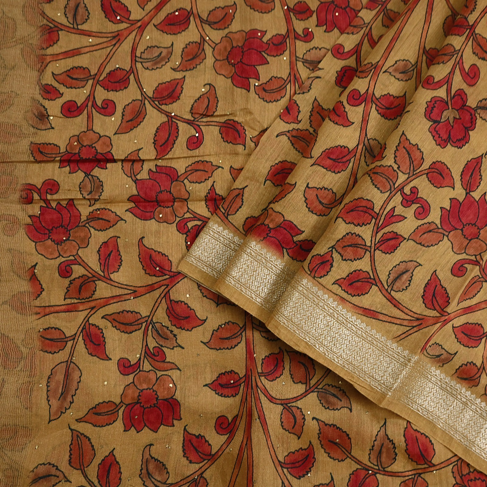 Indian Vintage Sari Pure chanderi Silk Kalamkari Print Saree Craft Fabric 5Yd