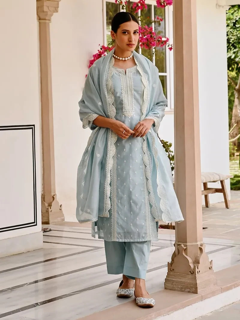 Elegant Light Blue Embroidered Kurta Set for Women with Dupatta | (NF-13)