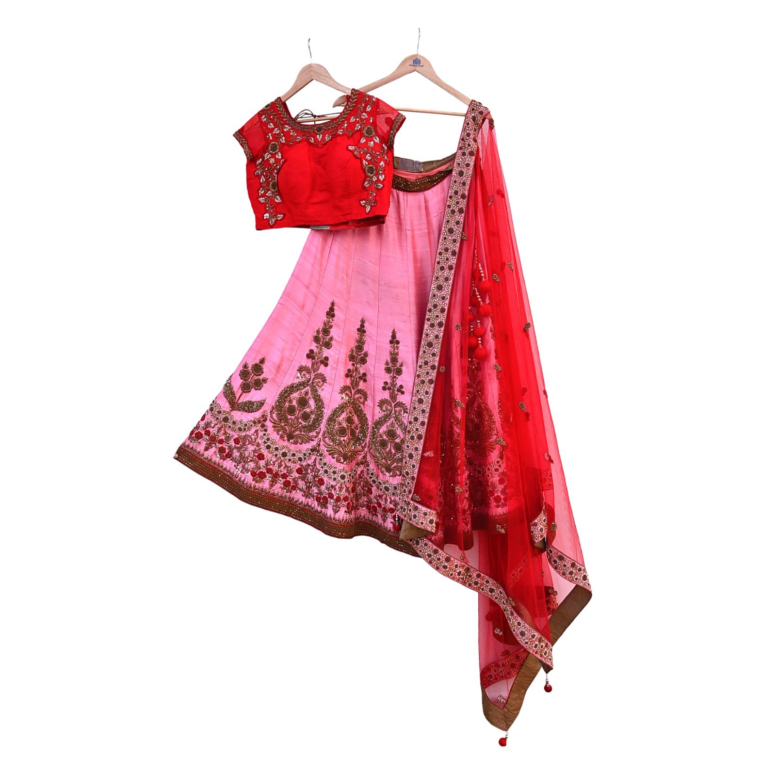 Indian Heavy Pink Red Raw Silk & Net Hand Embroidered Designer Lehenga 3pcs Set