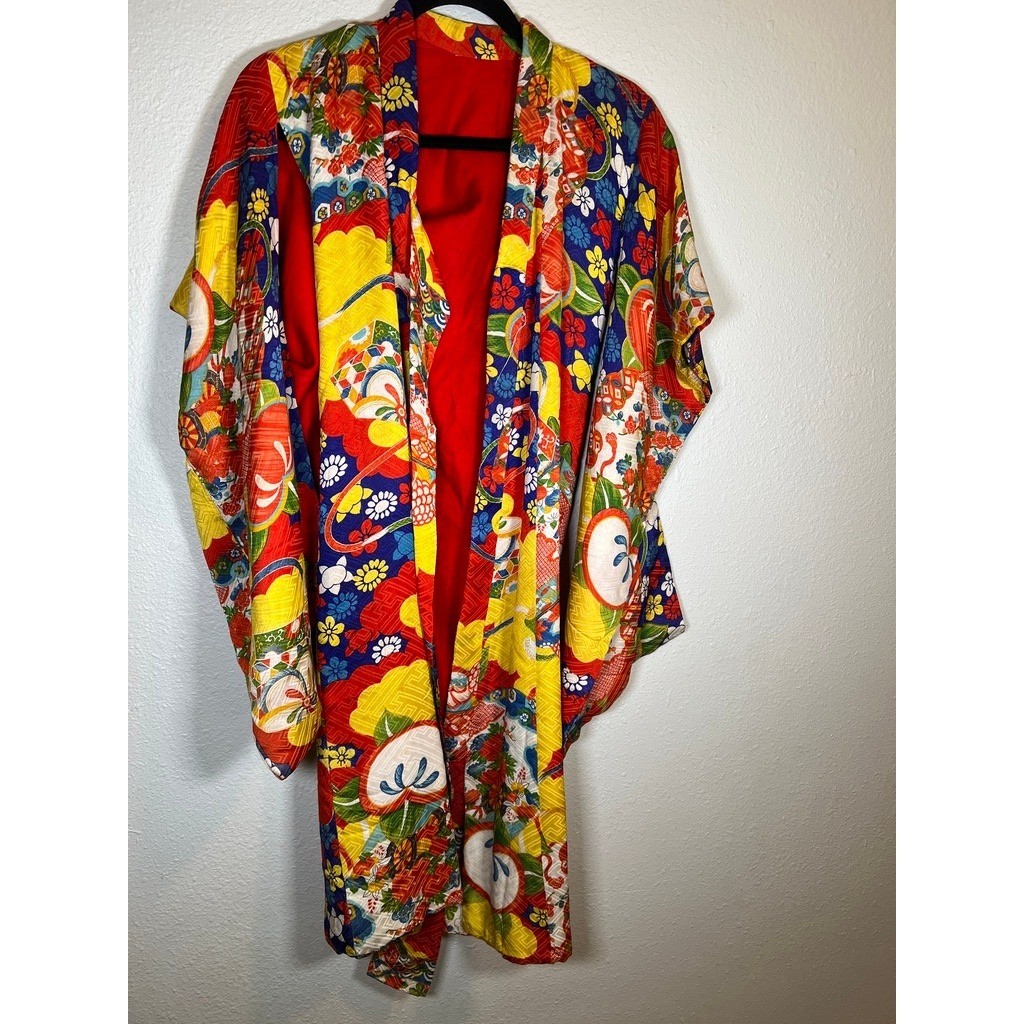 Vintage 70s Handmade Kimono Robe Japanese Childrens Multicolor Floral Fruit