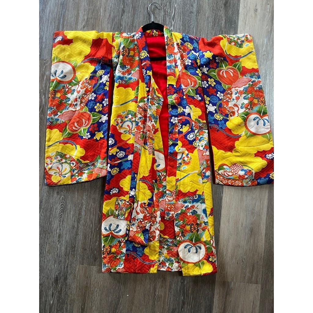 Vintage 70s Handmade Kimono Robe Japanese Childrens Multicolor Floral Fruit
