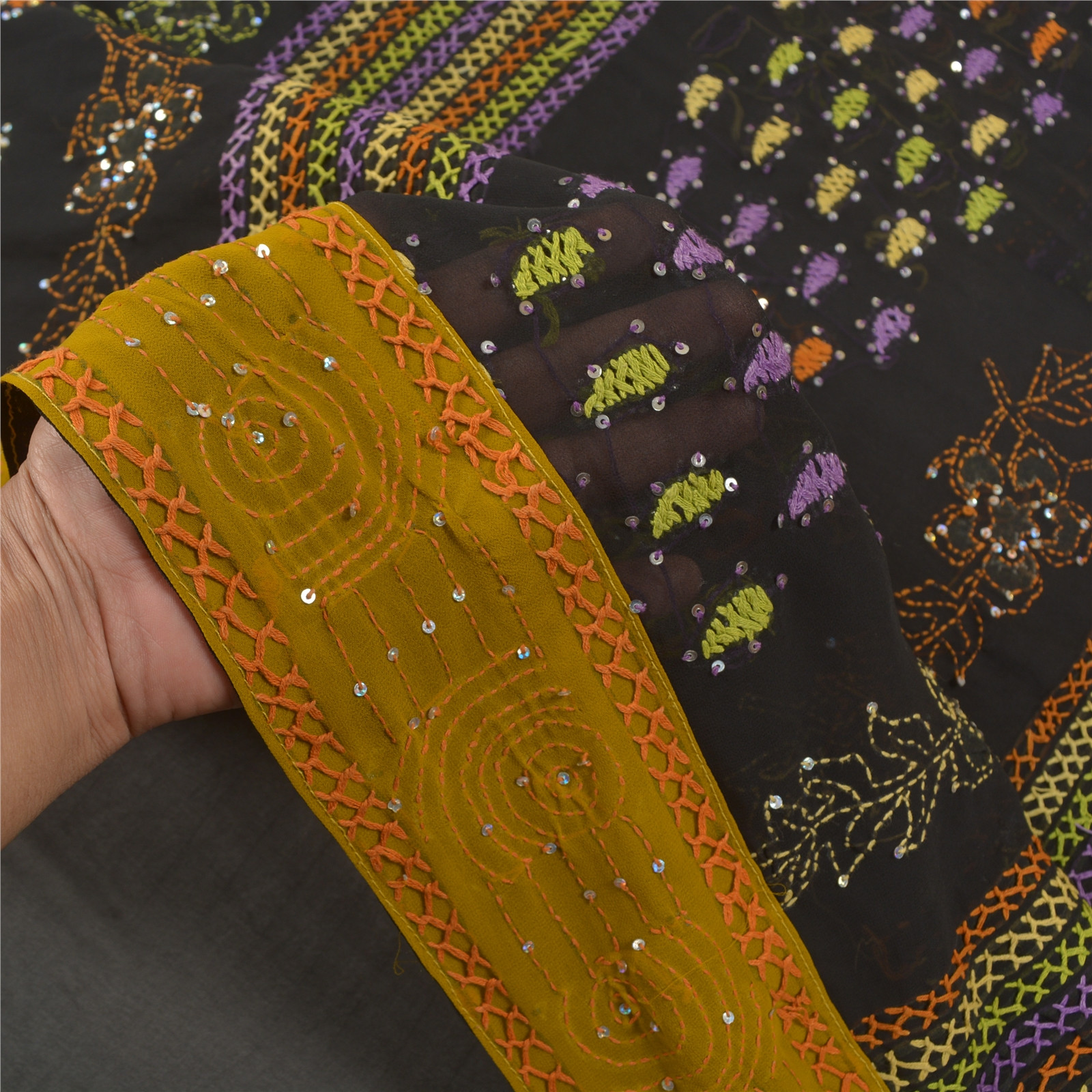 Sanskriti Vintage Black Sarees Georgette Hand Beaded Kantha Premium Sari Fabric