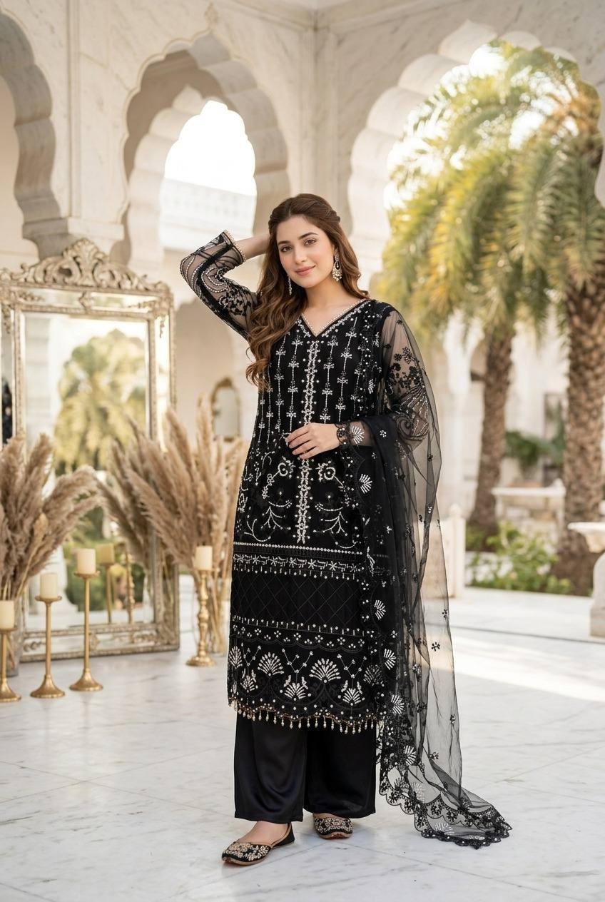 Designer Pakistani Suit Pearl hand Sequence Work Party wear Plazzo Dupatta Set