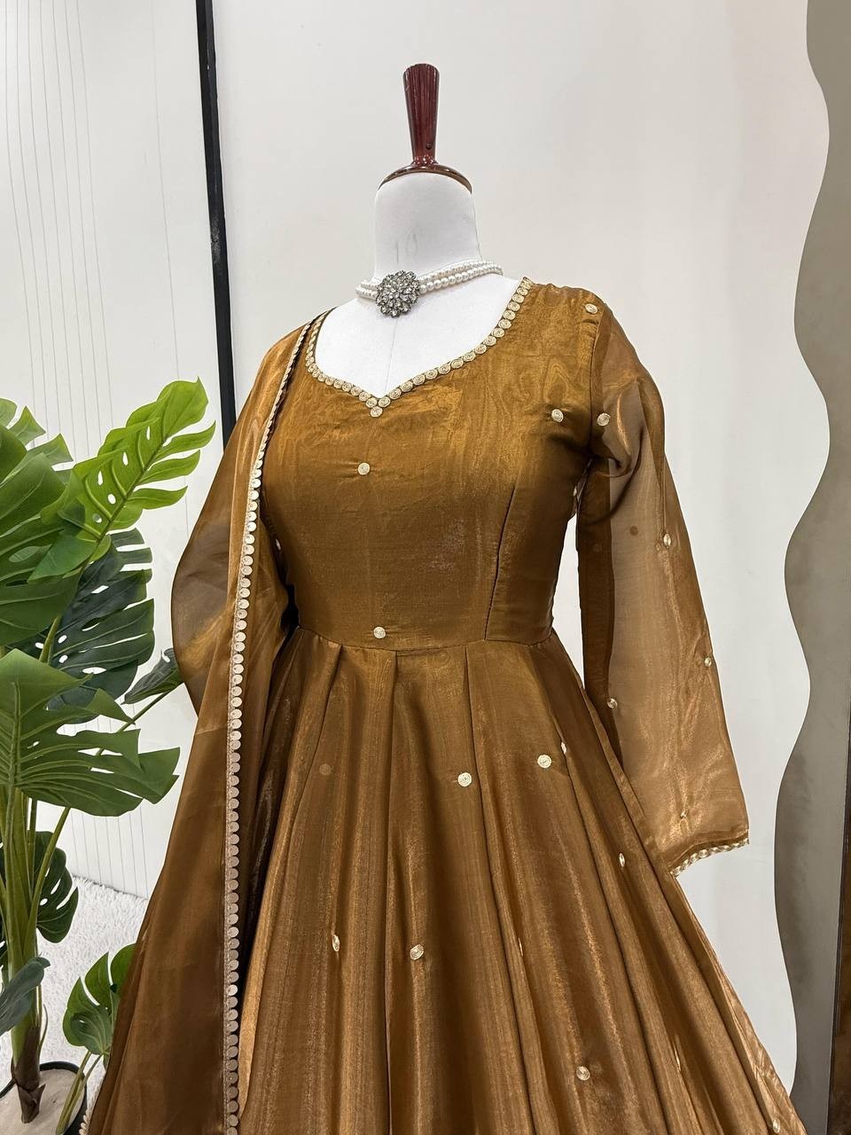 Beautiful Silk Copper Gown Bottom With Dupatta For Indian Festival Wear