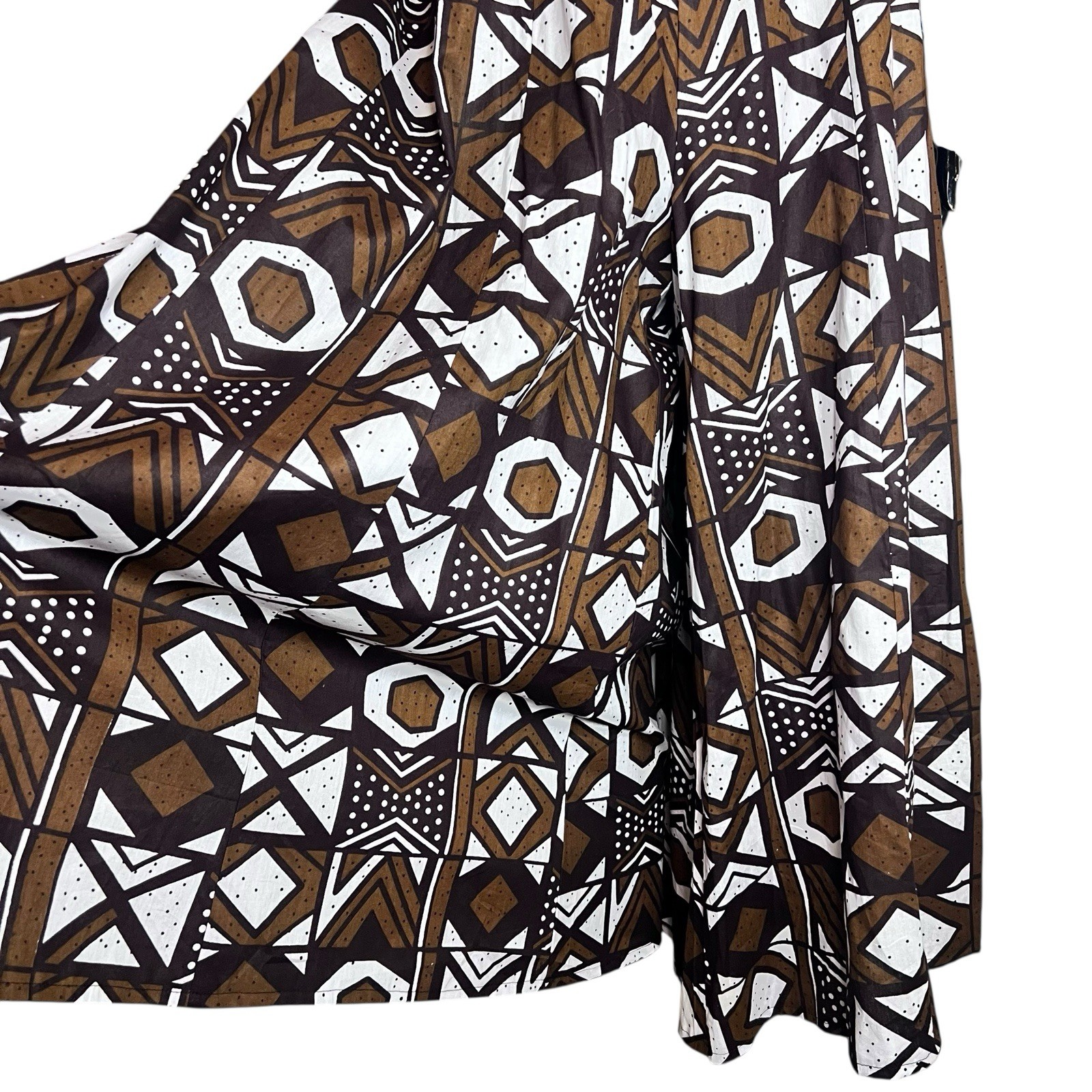 African Print Brown & White Tribal Mud Cloth Print Women Bell Gaucho Pants