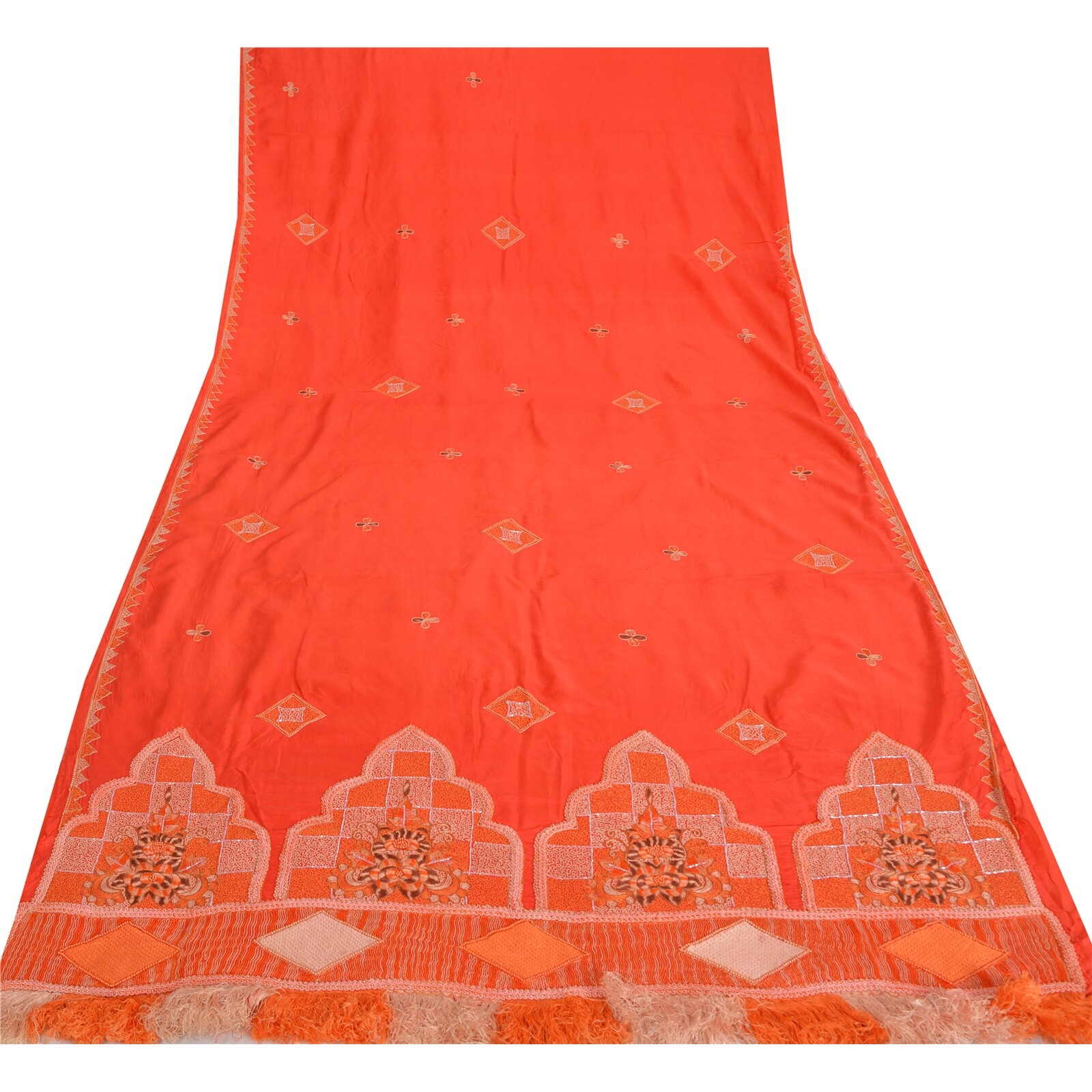 Sanskriti Vintage Orange Sarees Pure Silk Hand Beaded Craft Fabric Premium Sari