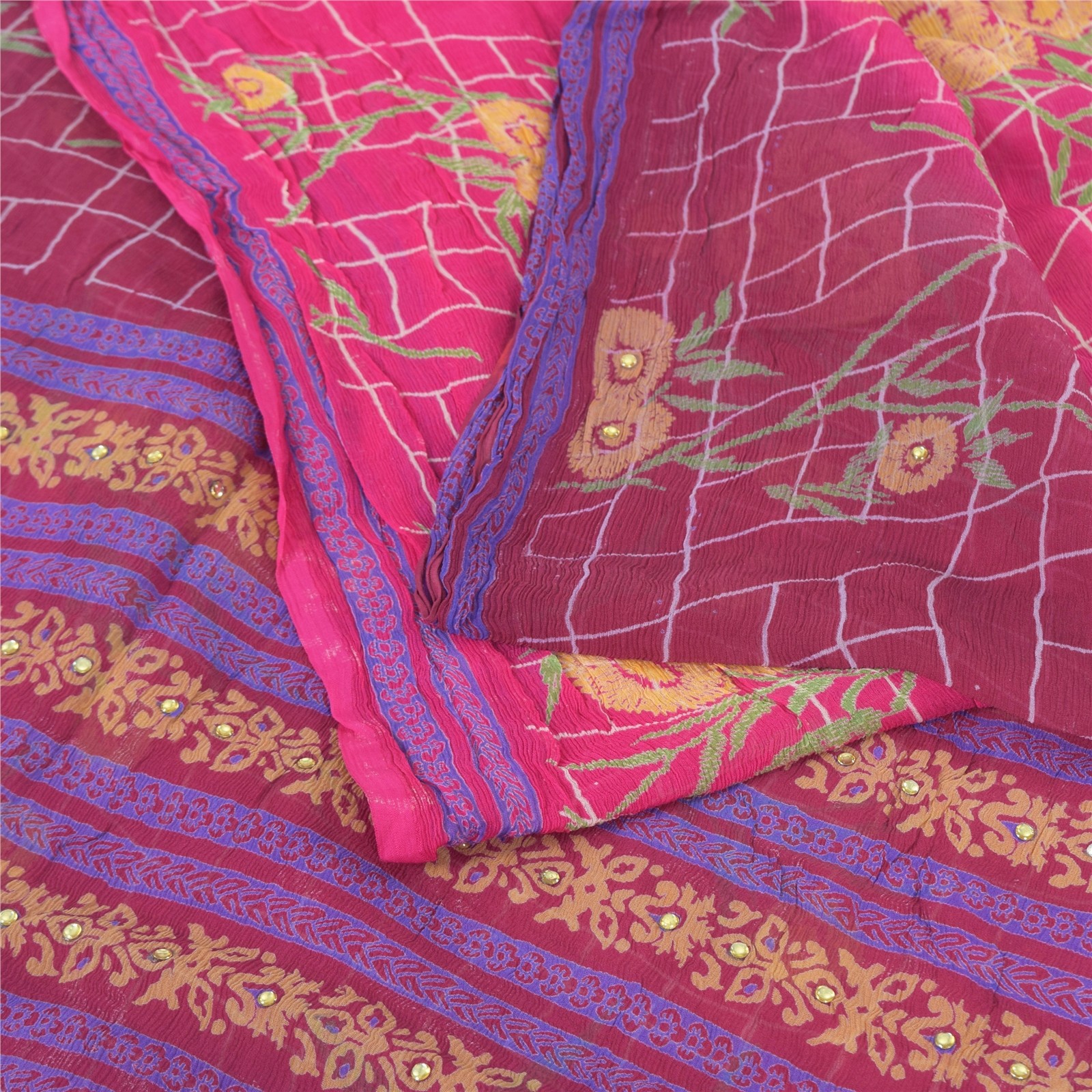 Sanskriti Vintage Sarees Purple Pure Chiffon Silk Rhinestone Printed Sari Fabric