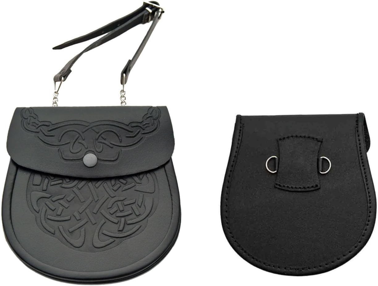 Genuine Black Leather Celtic Knot Embossed Scottish Sporran w/ Pouch and Belt