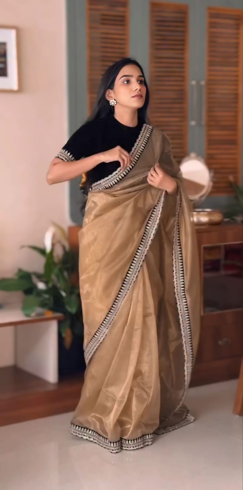 Designer Fancy Latest Stylish Twill Net Black Color Codding Sequence Border Sari